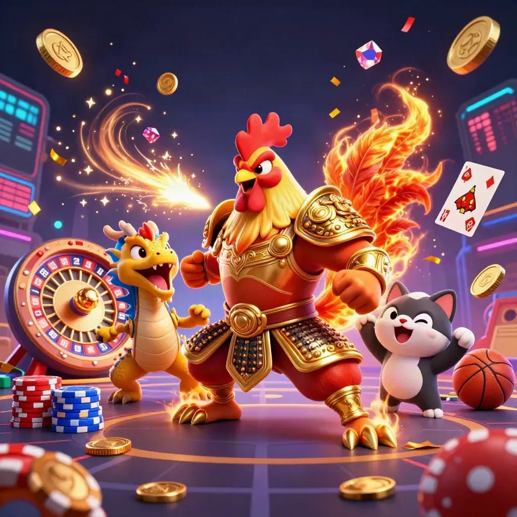 Rooster warrior, dragon hatchling, and fortune-cat amid coins, chips, fireworks, and neon casino energy.