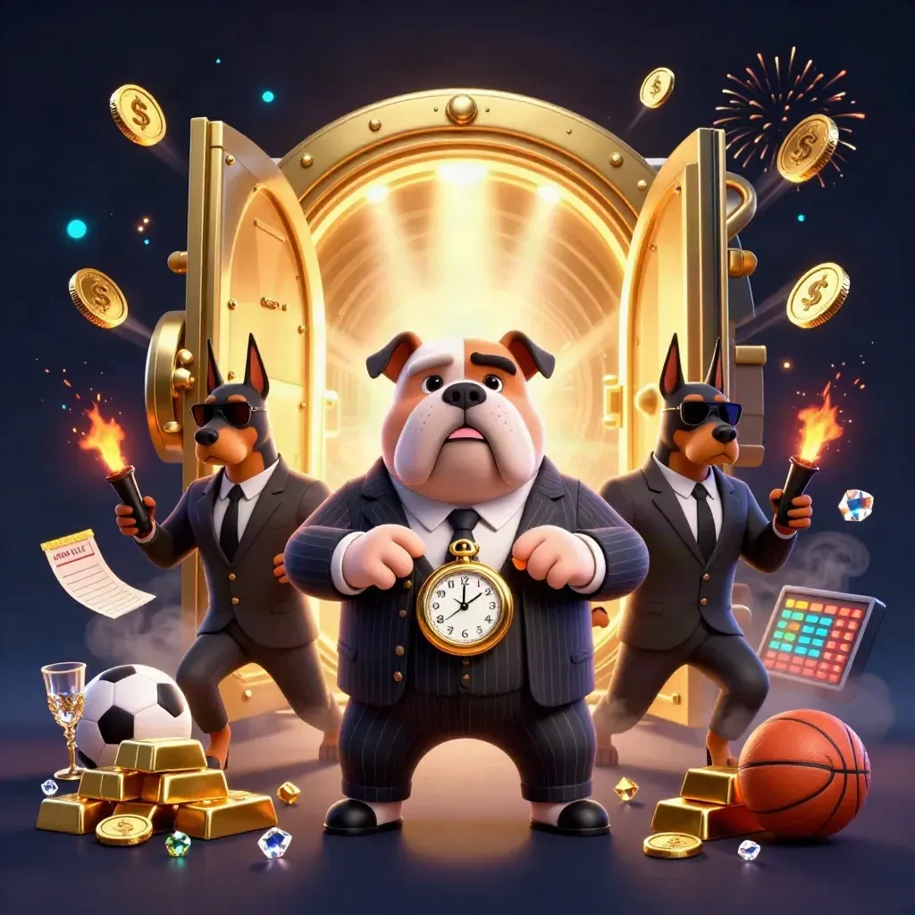 Bulldog boss and two Dobermans amid a bursting gold vault, coins, gems, and neon arena lights.