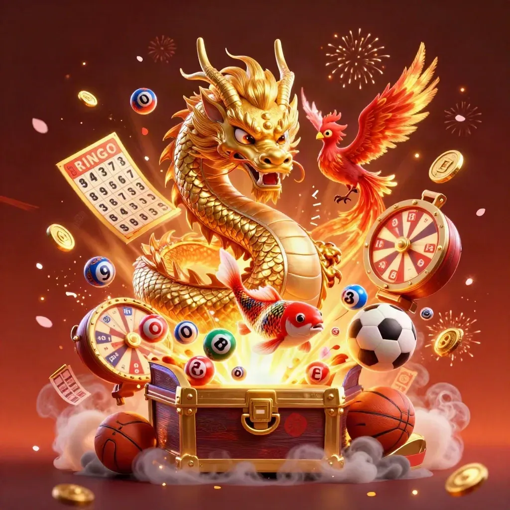 Golden dragon, phoenix, koi and casino props burst through a crimson neon casino glow