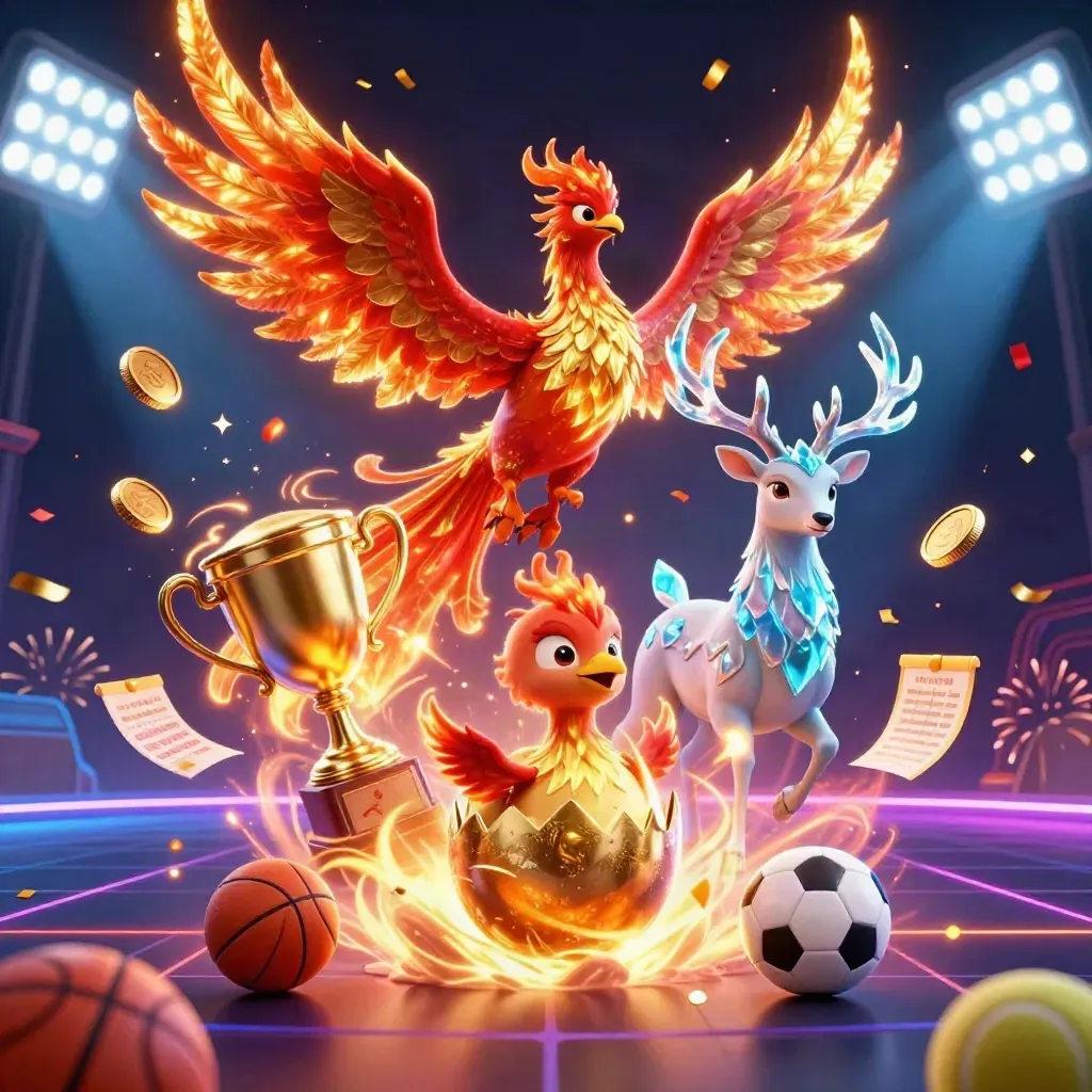 Phoenix, stag, and baby phoenix amid gold coins, trophy, sports balls, and neon esports energy.