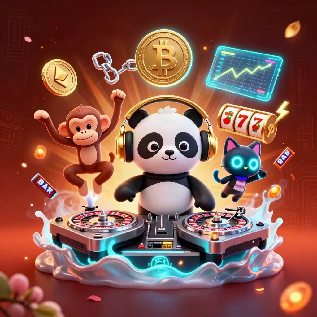 DJ panda, dancing monkey, and rave kitten amid neon casino icons and glowing effects