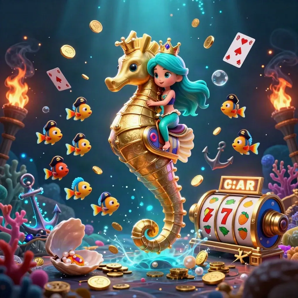 Mermaid princess rides an armored seahorse in a neon treasure cove with fish, coins, cards and slot symbols.