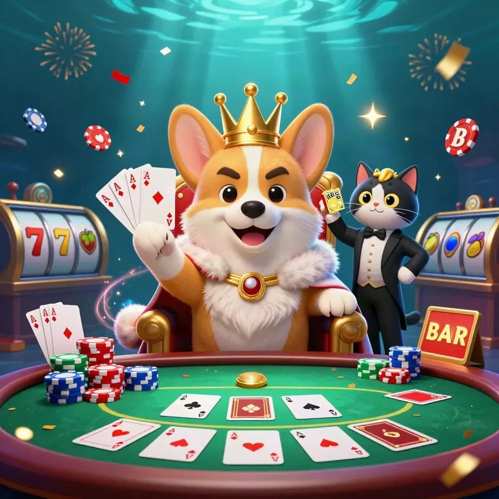 Crowned corgi and cat butler on a poker-chip throne amid neon casino effects and underwater glow.