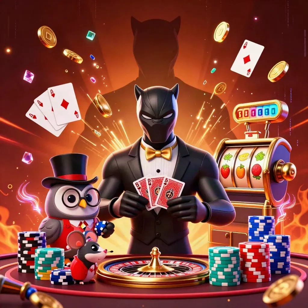 Panther, owl, and mouse in a neon casino burst with cards, chips, coins, and roulette