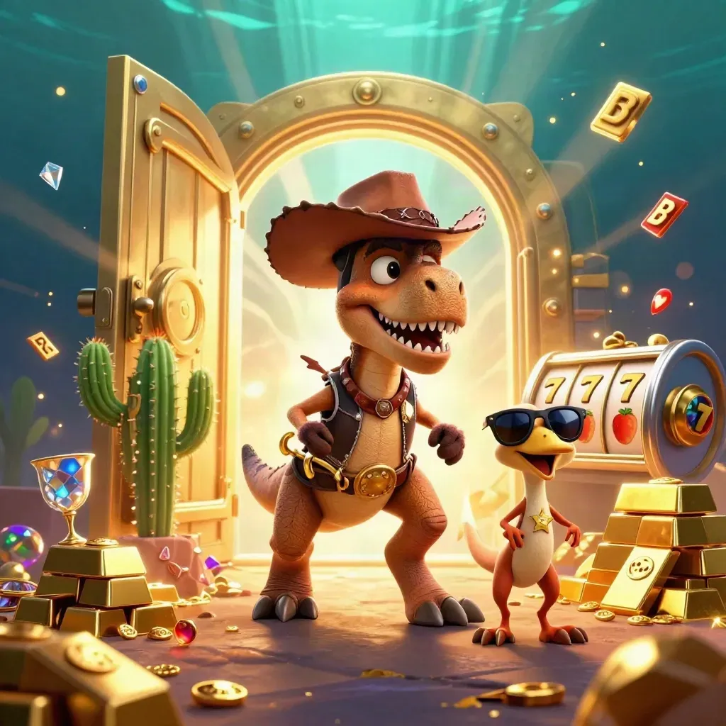 Cowboy T-Rex, cactus sidekick and roadrunner burst from a glowing vault with gold and slot symbols