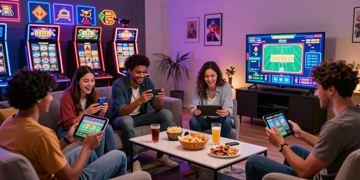Friends enjoying mobile gaming and go8 casino experiences in a vibrant living room
