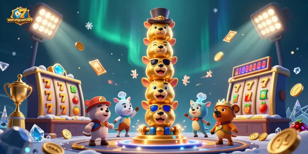 Win big with warungcash189's vibrant casino slot experience depicted in a dynamic 3D illustration.