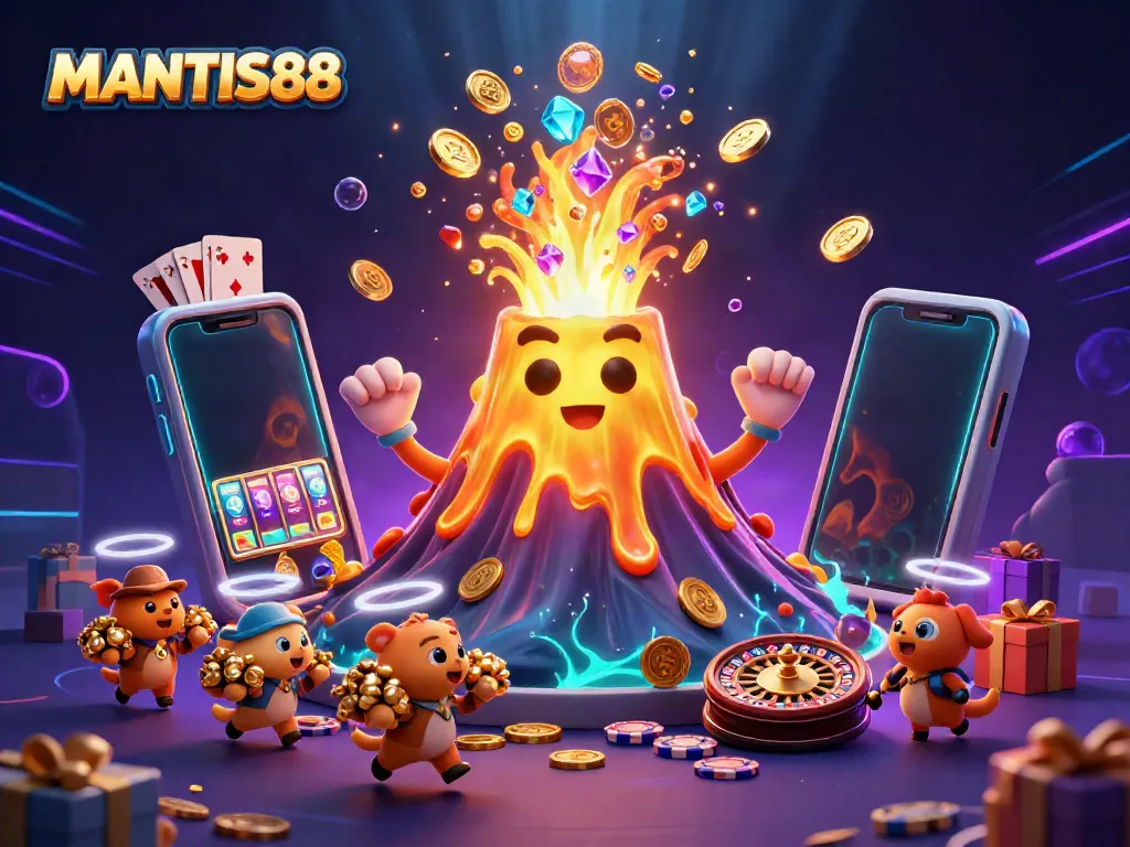 MANTIS88 erupts with coins and gems in a vibrant 3D casino illustration, showcasing thrilling slot gaming.