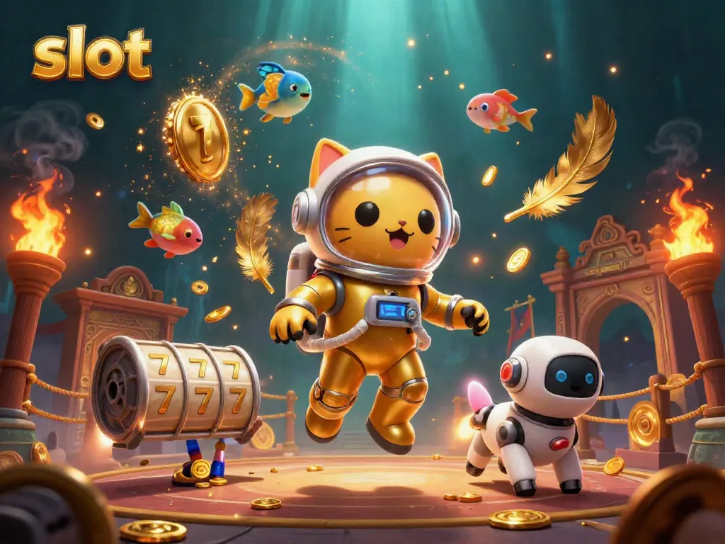 Experience thrilling slots with a 3D astronaut cat and dynamic game elements swirling around.