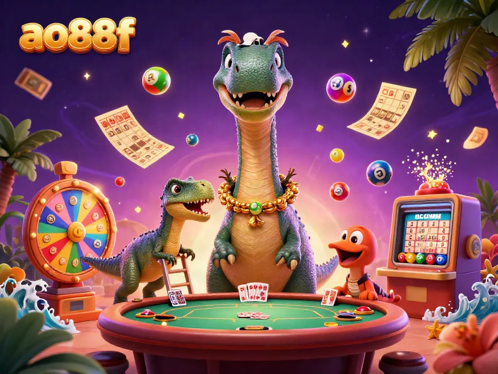 Engage with the dynamic ao88f casino scene featuring a giant brontosaurus, raptor dealer, and lively gaming elements.