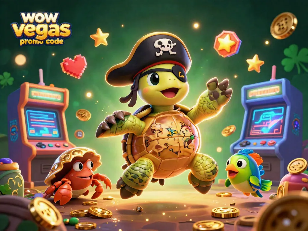 Play for fun and win prizes with the wow vegas promo code, featuring vibrant 3D casino elements and characters.