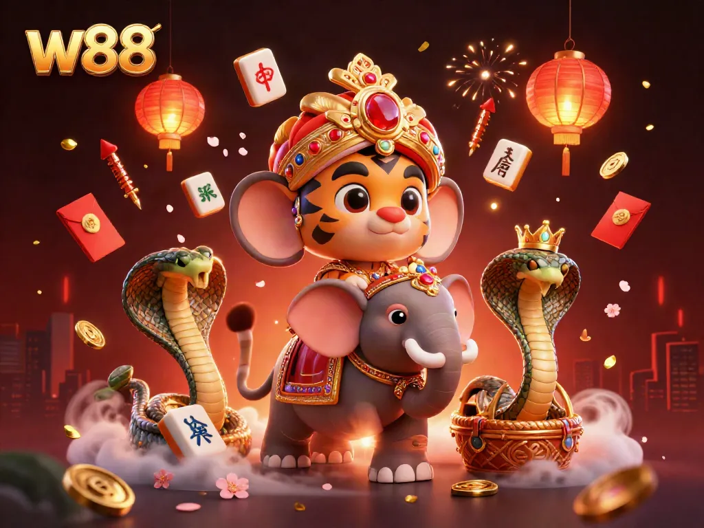 Experience the thrill of w88 in this vibrant casino-themed illustration featuring an elephant and treasure.
