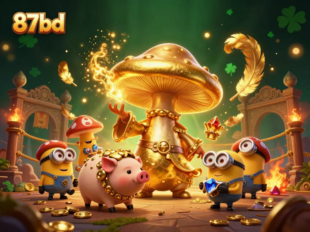 Experience 87bd's magical casino scene with a golden wizard, pig, and riches.