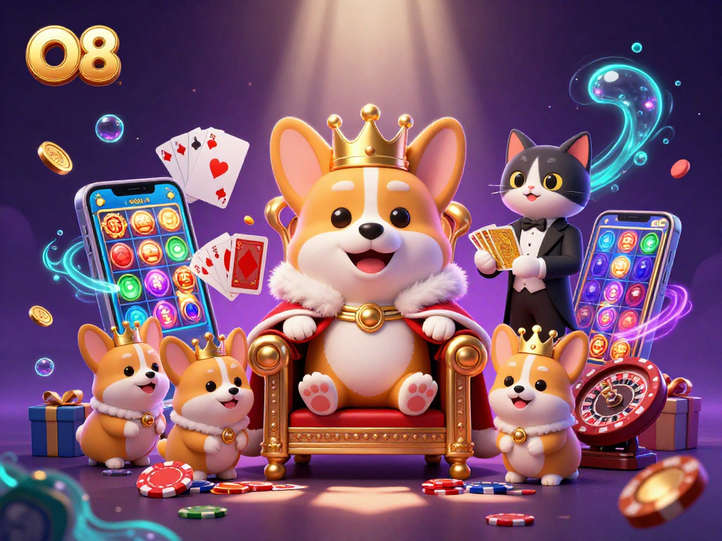 Experience thrilling wins with O8's vibrant casino scene featuring a royal corgi and captivating games.