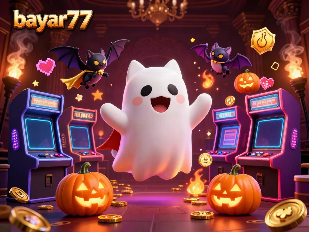 Experience the thrill of bayar77 actions with a friendly ghost cat and vampire bat in a vibrant haunted casino scene.