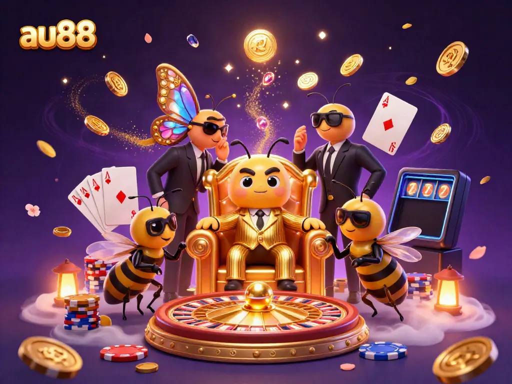 Experience thrills at au88 with a bumblebee mob boss amidst cascading coins and gaming excitement.