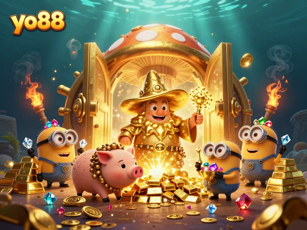 Experience thrilling gameplay at yo88 with treasure and magical characters in a vibrant casino scene.
