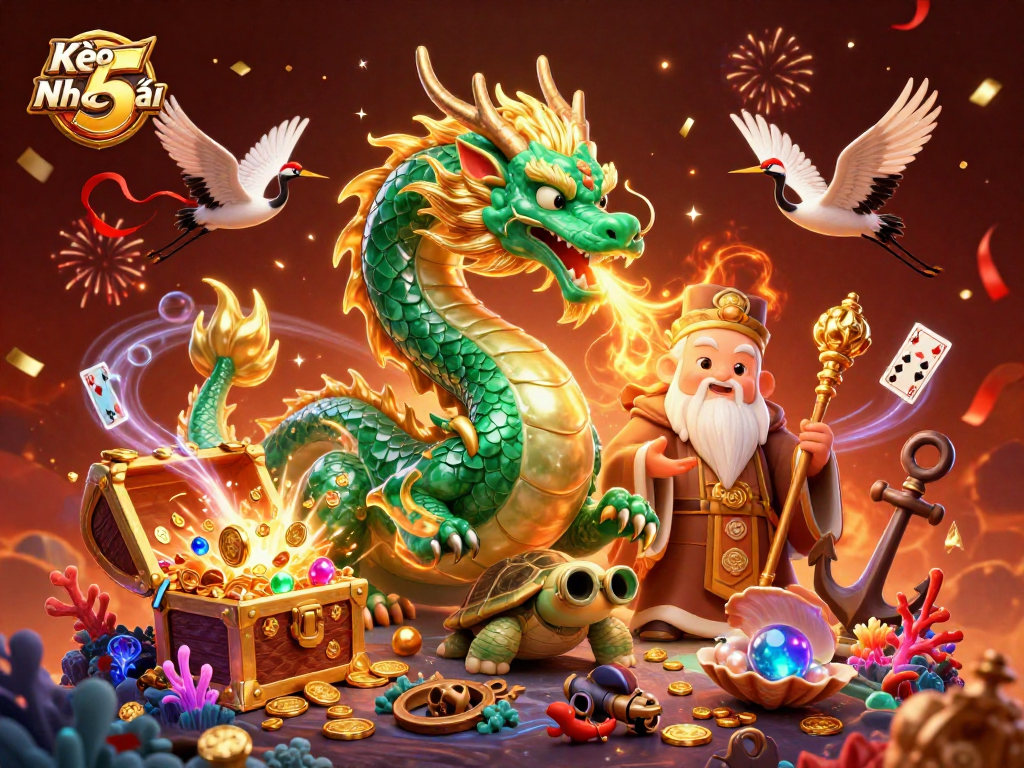 Kèo Nhà Cái 5 showcases a vibrant 3D illustration featuring a jade dragon, turtle sage, and lucky cranes in a festive casino scene.