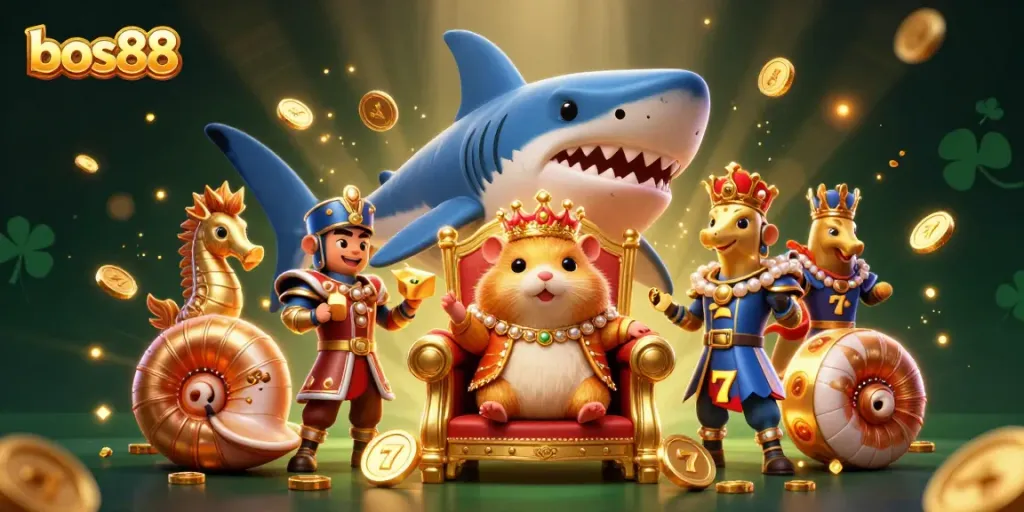 Engage in casino fun with bos88, featuring a hamster king and golden slot symbols in this vibrant illustration.