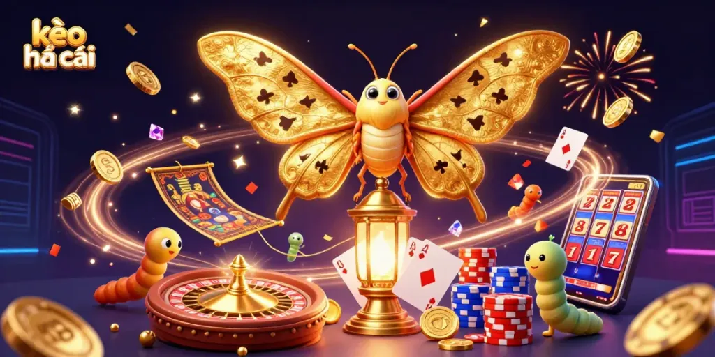 Kèo nhà cái illustration showing a vibrant 3D scene with an atlas moth and casino-themed elements like chips and coins.