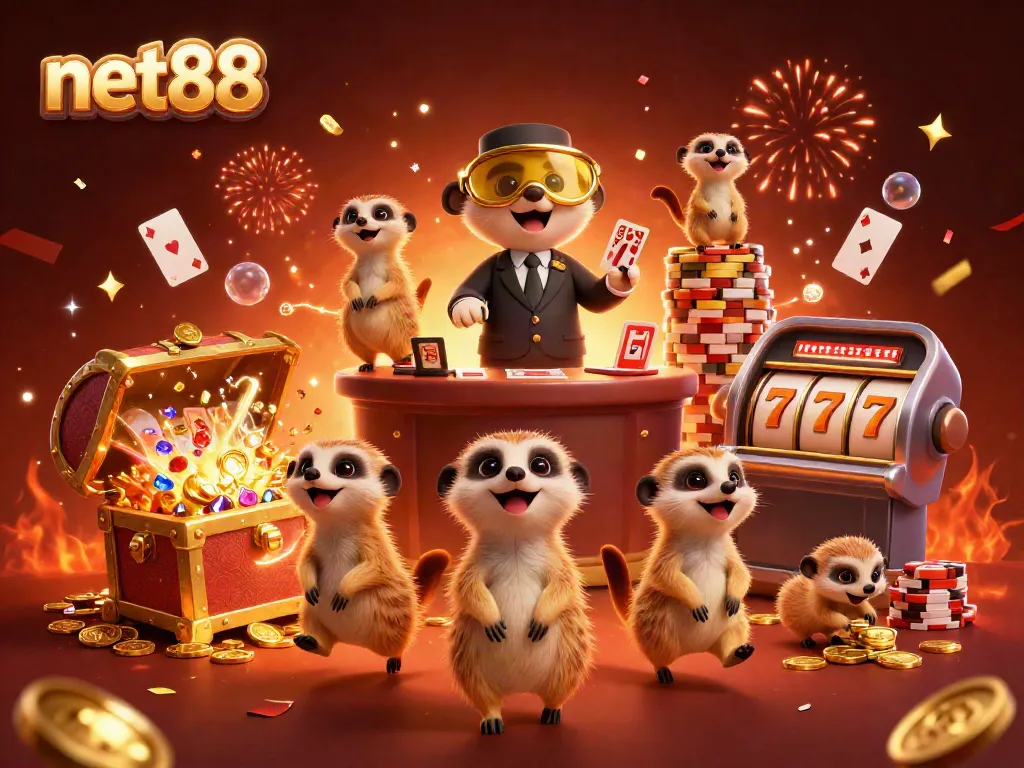 Experience the excitement of net88 casino with meerkats managing slots, stealing chips, and a festive atmosphere.