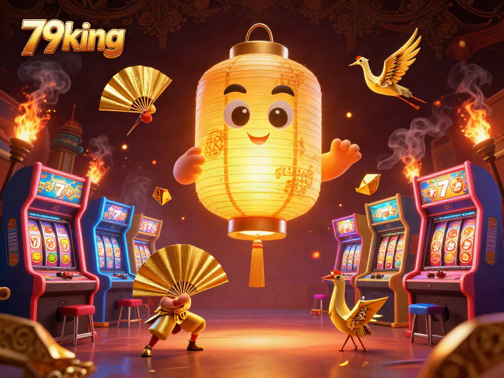Experience the magic of 79king with glowing games and lucky lantern spirits in this vibrant casino illustration.