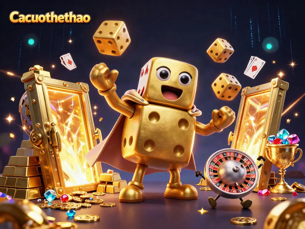 Engaging illustration of Cacuocthethao's golden dice golem character bringing excitement to sports betting.