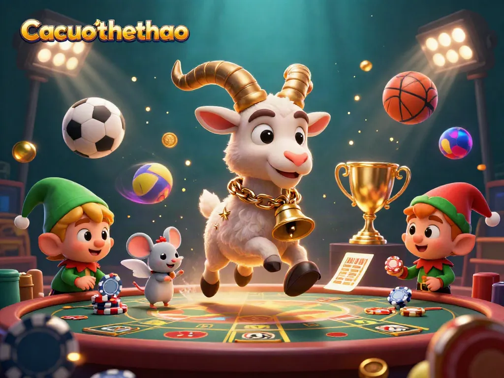 Cacuocthethao showcases a festive casino scene with a Krampus goat and chaotic elves amidst sports elements