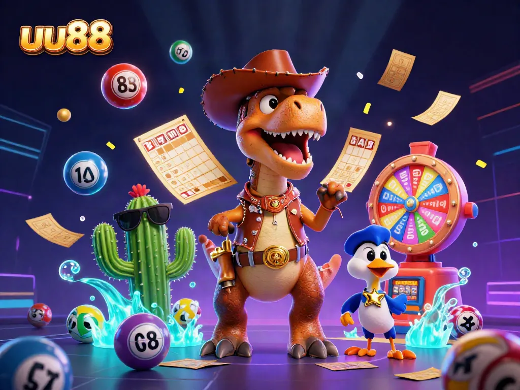 Experience excitement and winning thrills with uu88's vibrant casino games illustrated in a 3D cartoon scene.