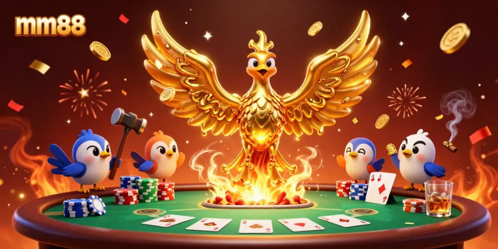Win big at mm88 with the molten golden phoenix and poker excitement in this vibrant casino scene.