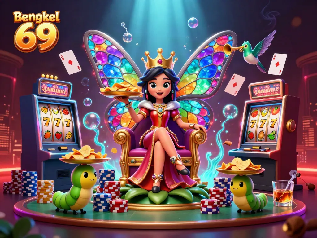 Bengkel 69 showcases a vibrant slot casino scene with a butterfly queen and sparkling game elements.