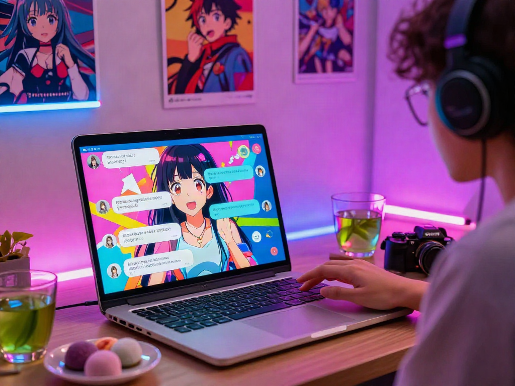 Engaging hentai ai chat scene with a user interacting with an anime character chatbot in a colorful, vibrant setting.