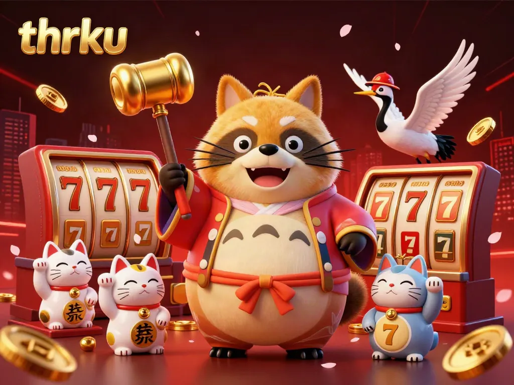 Join the excitement at thrku with vibrant casino elements featuring a cheerful tanuki and lucky symbols.
