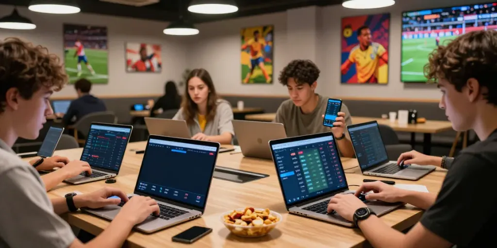 Engaged users analyzing odds on WWBOLA in a lively sports lounge