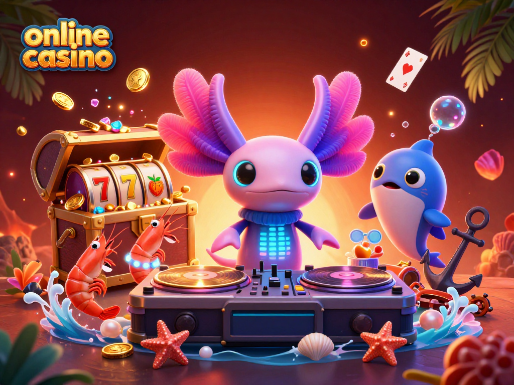 Experience vibrant action at an online casino with a neon axolotl DJ and treasure-filled underwater world.