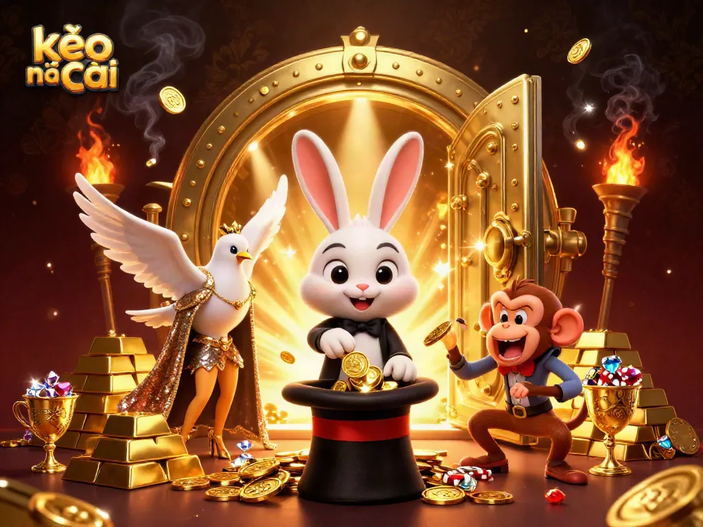 Engage with kèo nhà cái magic as a magician rabbit conjures golden coins amidst a vibrant casino scene.