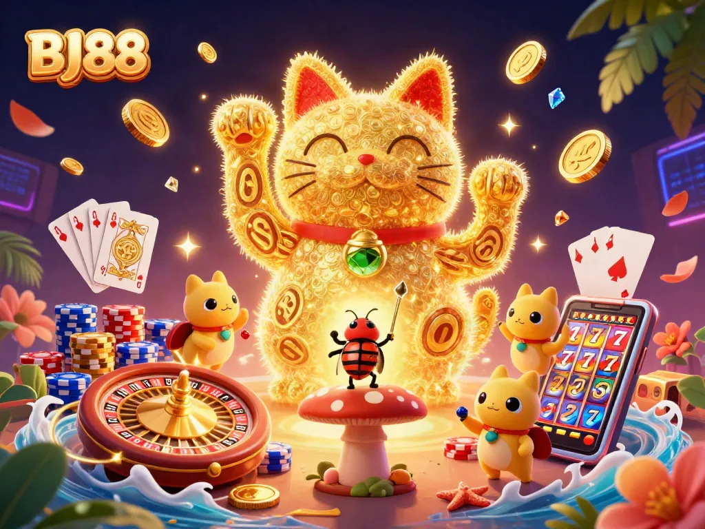 BJ88 showcases a vibrant scene with a lucky cat and dynamic casino symbols, perfect for engaging gamblers.