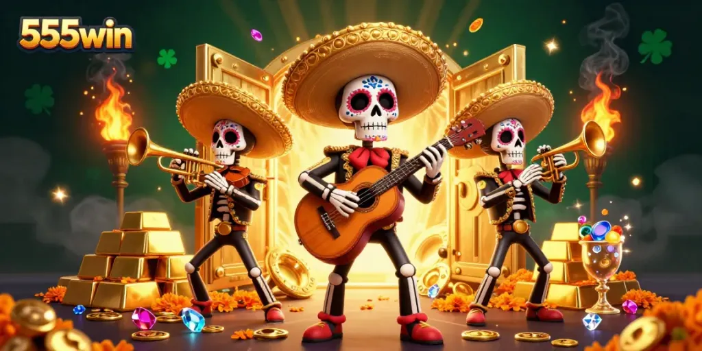 Join the celebration at 555win with skeleton mariachi band amid dazzling casino riches.
