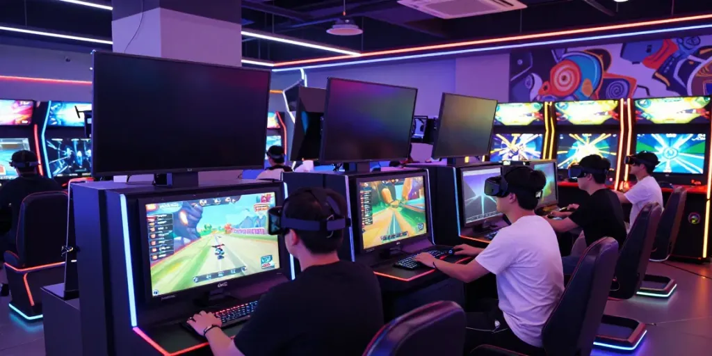 Players engaging in thrilling VR gaming at the luxury111 arcade, illuminated by neon lights.
