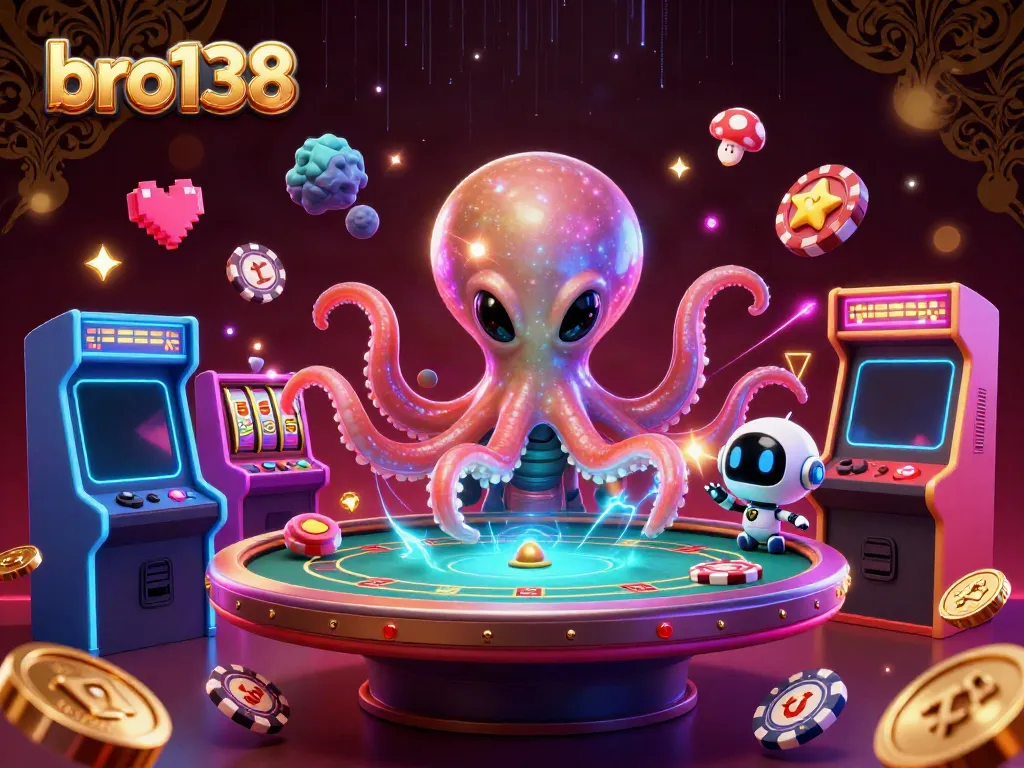 Engaging bro138 alien octopus dealing at a holographic poker table surrounded by vivid casino-themed elements.