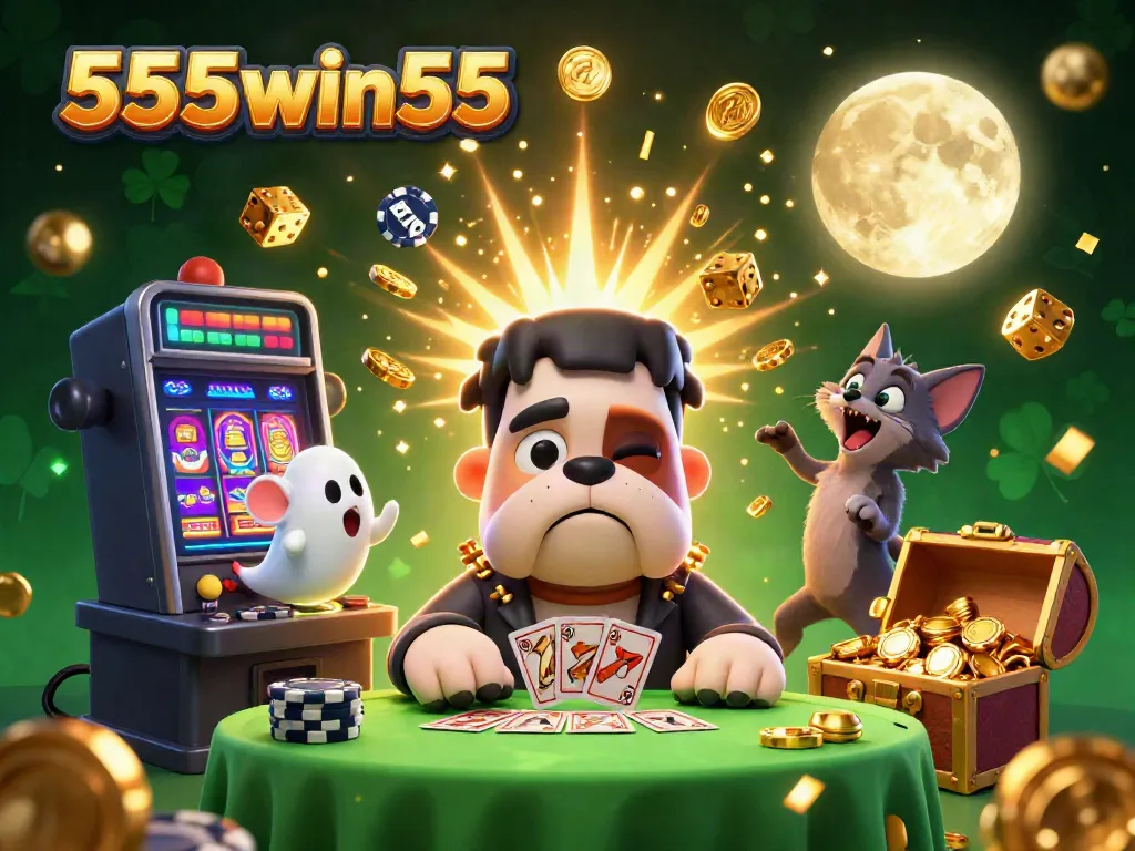 A dynamic scene showcasing the 555win55 cartoon bulldog monster dealing cards at a Halloween-themed table, surrounded by vibrant casino elements.