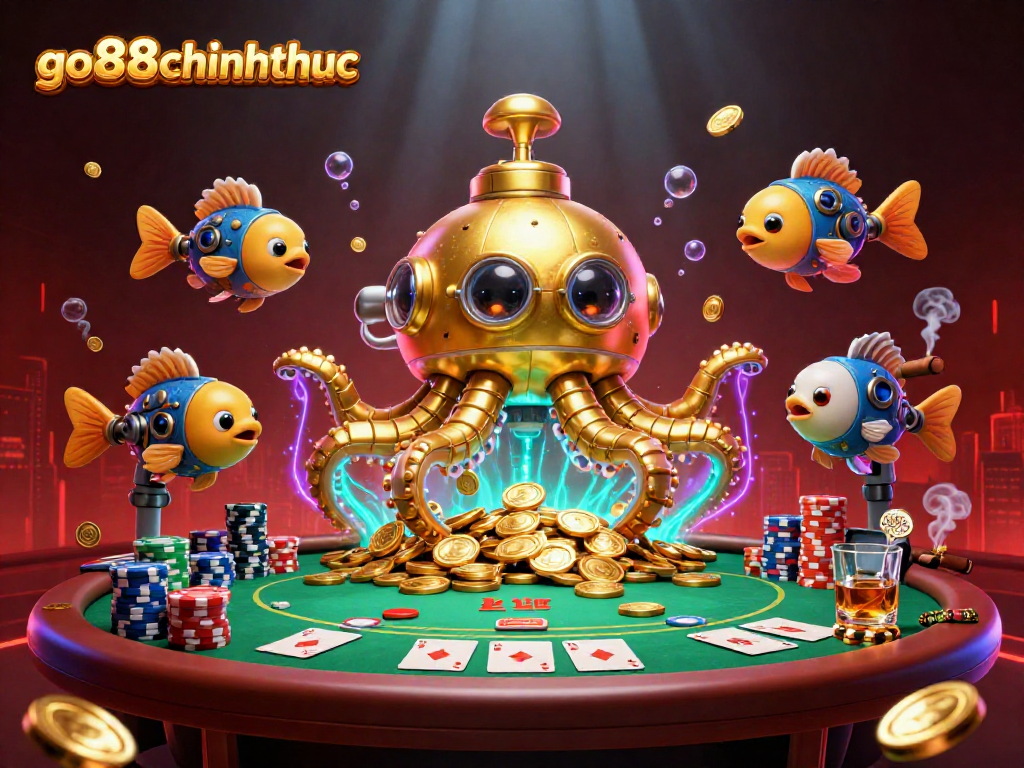 Win big at go88chinhthuc with a vibrant 3D kraken submarine exploring poker treasures.