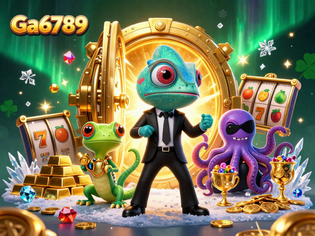 Spin the reels with Ga6789 in this vibrant 3D gambling scene, showcasing exciting casino elements.