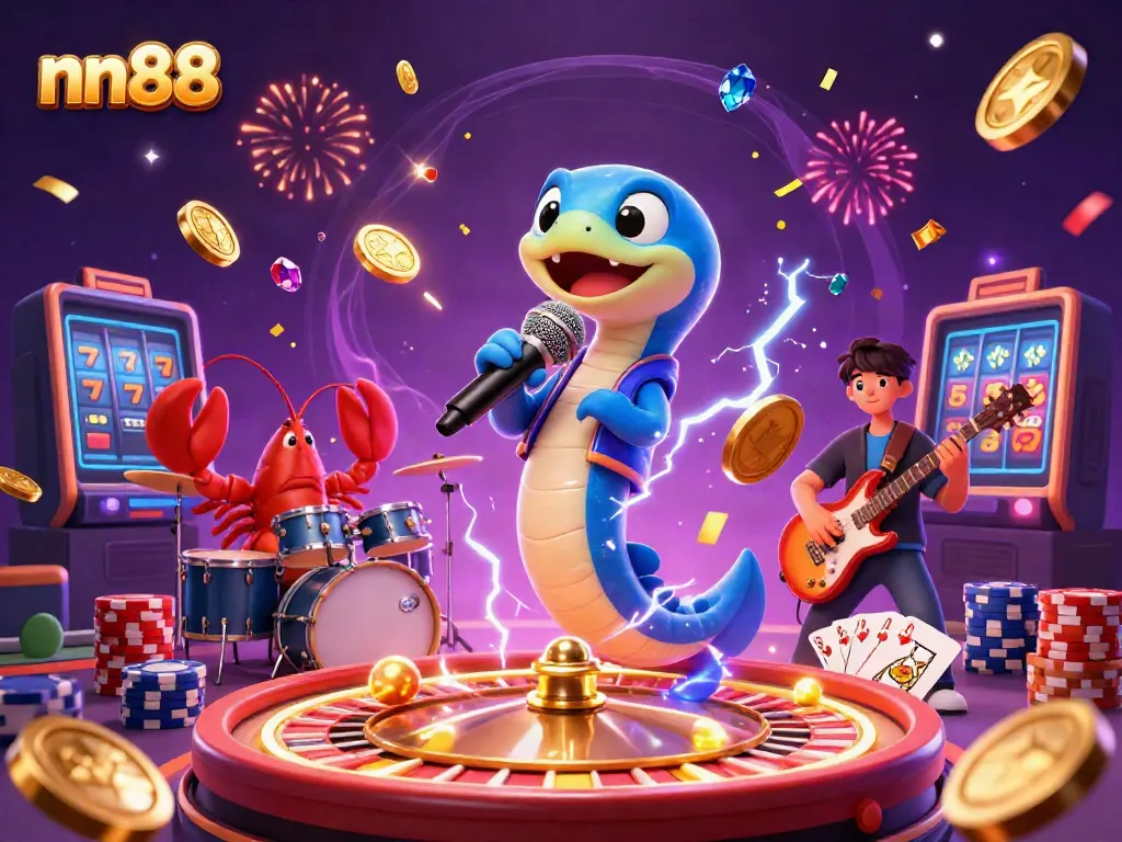 nn88 electric eel DJ energizing a vibrant underwater casino scene with cascading coins and sparkling gems.