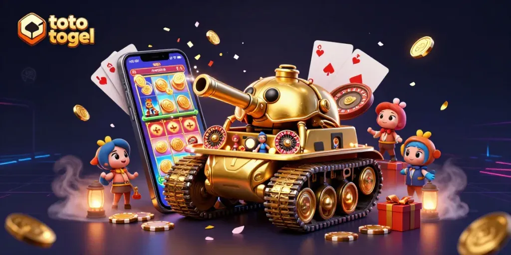 Menggambarkan toto togel dengan tank kalajengking emas yang menampilkan kasino mini dan elemen perjudian lainnya.