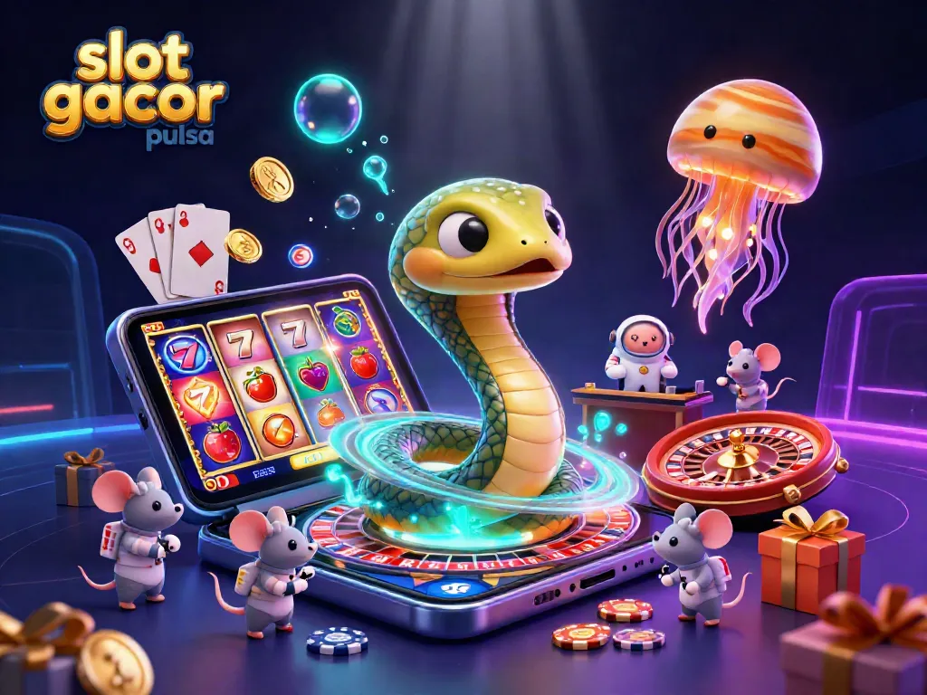 Engage in thrilling gaming action with slot gacor pulsa as characters spin vibrant reels and place bets in a cosmic casino.
