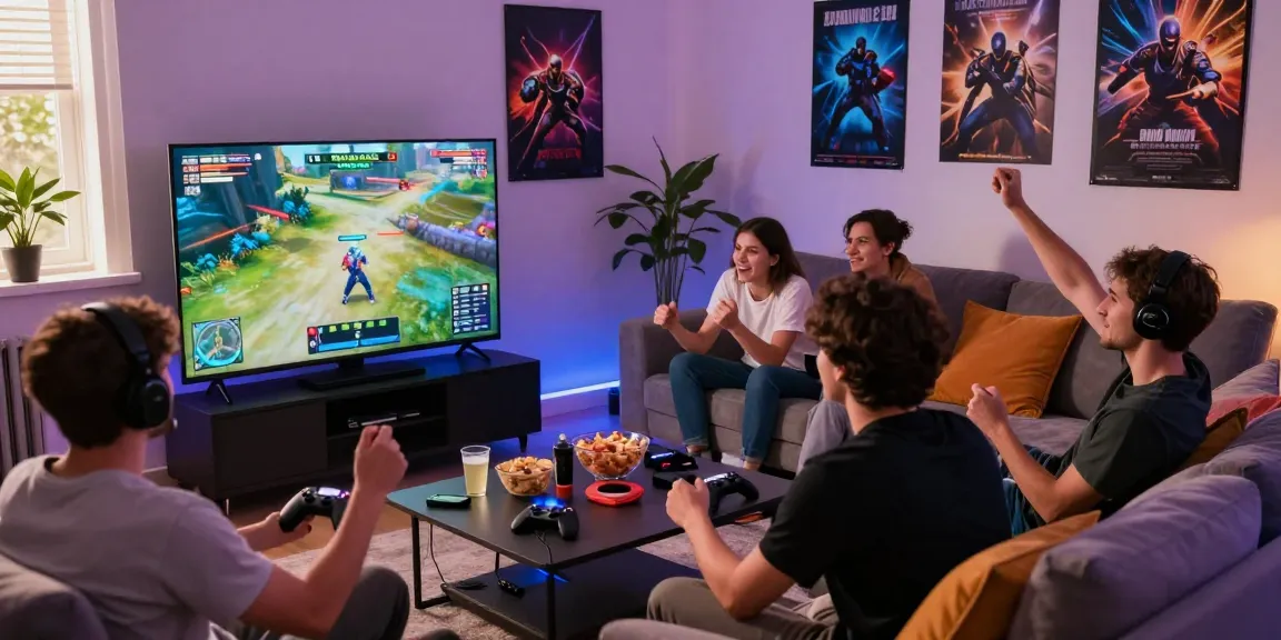 Pengalaman gaming online di ruang tamu modern dengan teman-teman bermain video game luxury111.