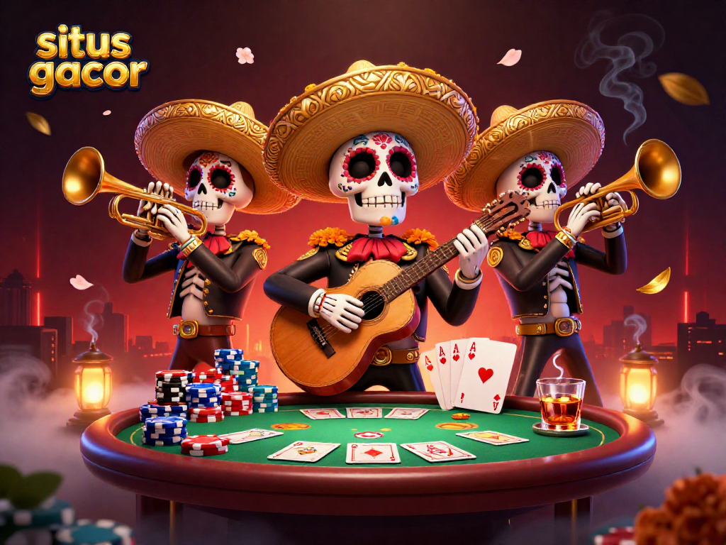 Menangkan permainan di situs gacor dengan karakter kartun Mariachi yang meriah dan elemen kasino.