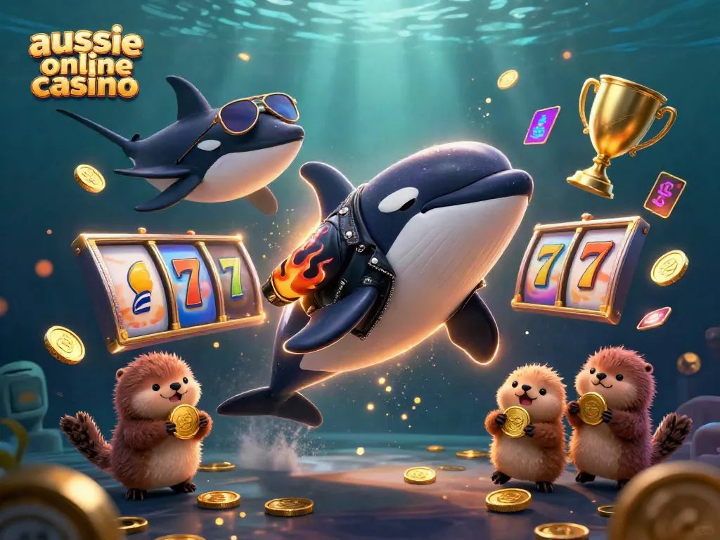 Engage with the vibrant scene of Aussie online casino featuring a jumping orca, a stingray, and otters with coins amidst slot reels and sparkling treasures.