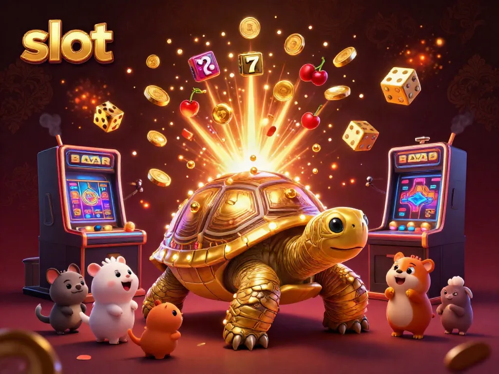 Exciting slot-themed illustration featuring a golden tortoise pinball machine and a jackpot explosion.